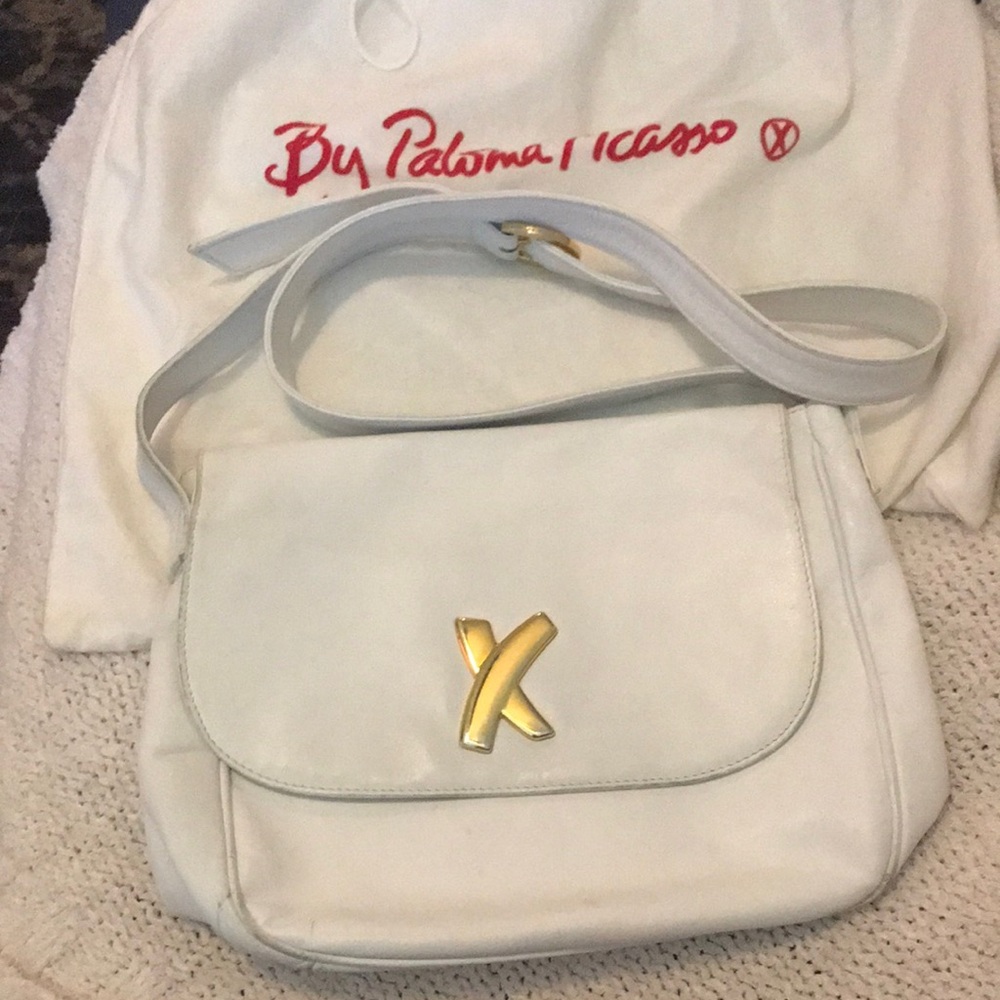 Vintage Paloma Picasso White Leather Crossbody Bag with Dust Bag